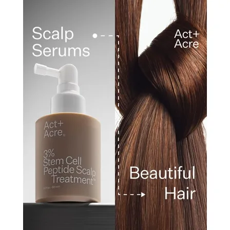 An Act and Acre ad creative: a scalp serum bottle on the left joined by a dotted line to a twist of glossy hair on the right