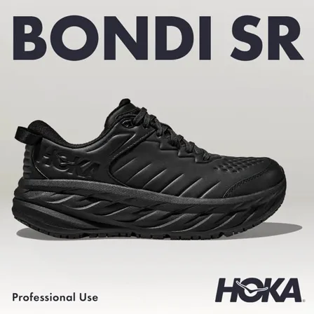 A HOKA ad creative: an all-black Bondi SR shoe in profile on a grey background under the words BONDI SR
