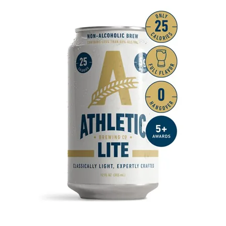 An Athletic Brewing ad creative: a can of Athletic Lite ringed with badges for 25 calories, full flavor, zero hangover and five awards