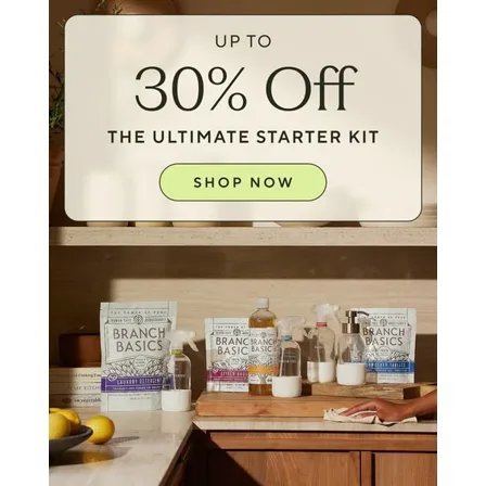 A Branch Basics ad creative: an up to 30 percent off banner above a kitchen counter set with the starter kit bottles and refills