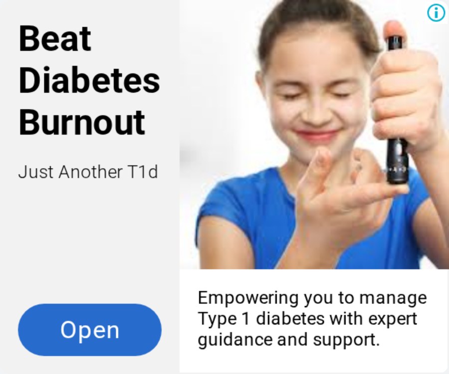 A display ad reading "Beat Diabetes Burnout" beside a photograph of a child holding a dropper bottle