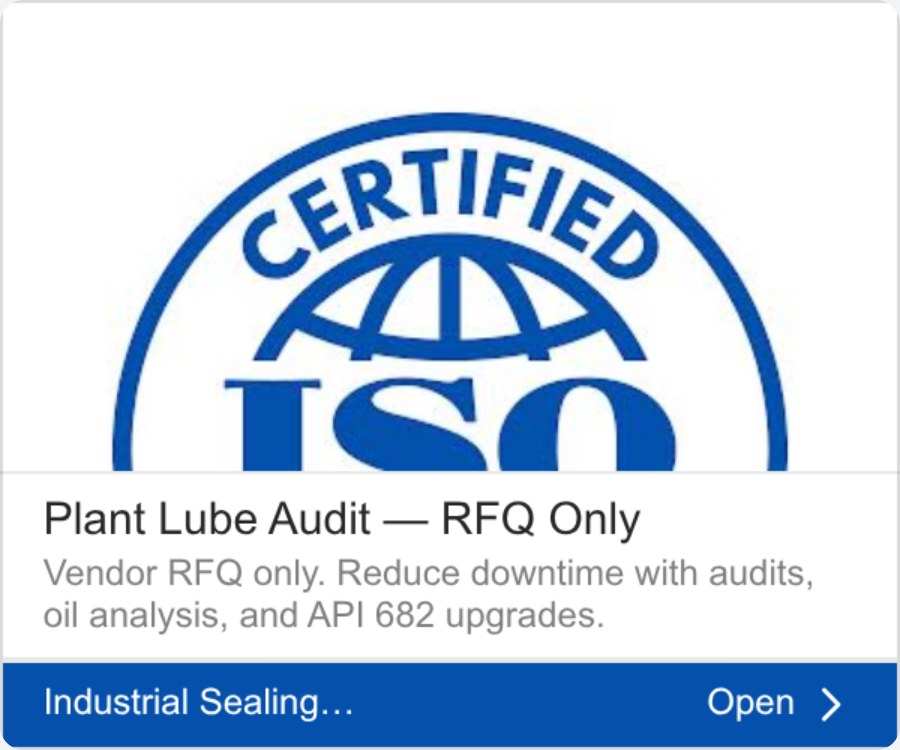 A display ad for Industrial Sealing showing a certification badge above a plant lube audit offer