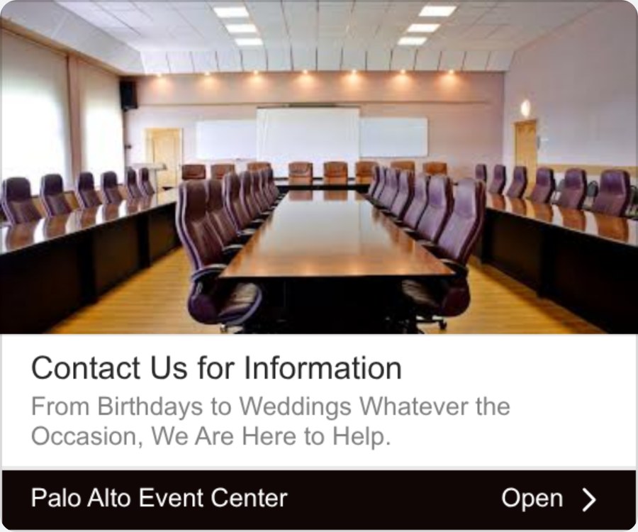 A display ad for Palo Alto Event Center showing a boardroom, headed "Contact Us for Information"