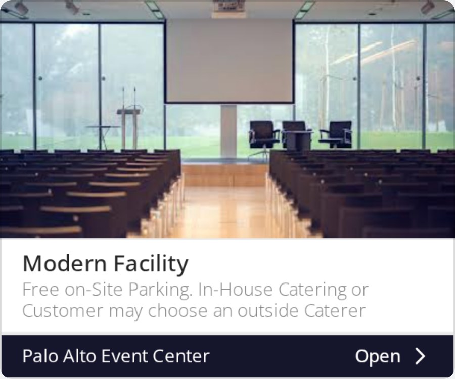 A display ad for Palo Alto Event Center showing an event room, headed "Modern Facility"