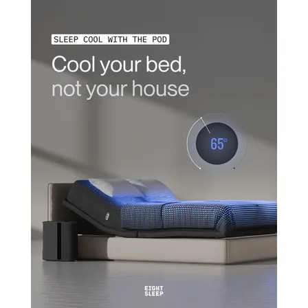 An Eight Sleep ad creative: a bed glowing blue in a dim room beside a dial reading 65 degrees, under the line cool your bed, not your house