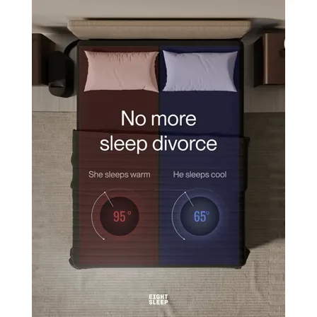 An Eight Sleep ad creative: a bed shot from above, one half red at 95 degrees and the other blue at 65, under the line "No more sleep divorce"
