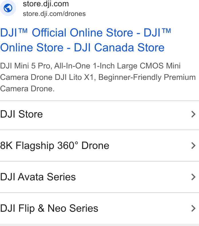A search ad in the Ads Transparency Center presenting as the DJI official online store, with four product sitelinks