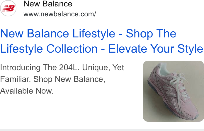 A New Balance search ad in the Ads Transparency Center for the Lifestyle collection, with a photo of a pink 204L sneaker