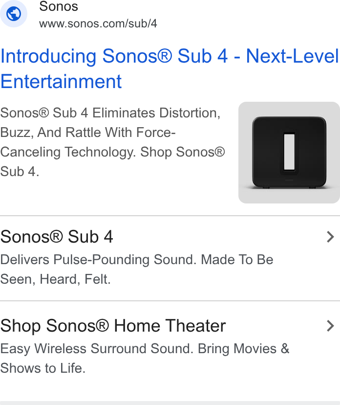 A Sonos search ad in the Ads Transparency Center introducing the Sub 4, with a product photo and two sitelinks