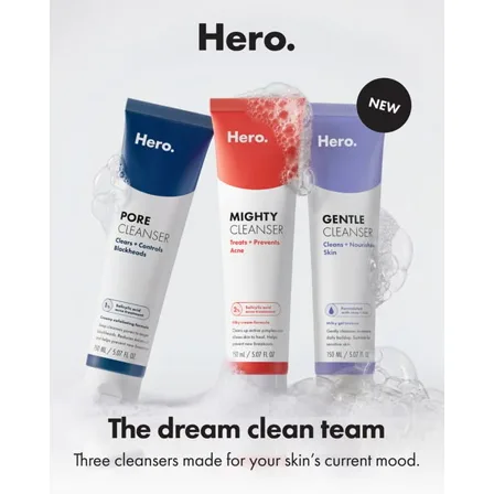 A Hero Cosmetics ad creative: three cleanser tubes in blue, red and purple among bubbles, under the line the dream clean team