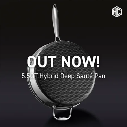 A HexClad ad creative: a hybrid saute pan lit on black under the words "Out now" and the 5.5 quart size