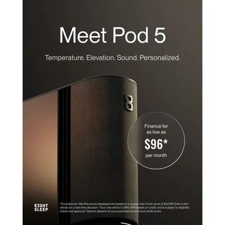 An Eight Sleep image ad: the Pod 5 unit in low light with a circle reading finance for as low as 96 dollars per month