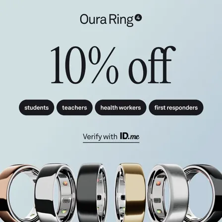 An Oura image ad: ten percent off above four eligibility chips and a row of rings in six finishes