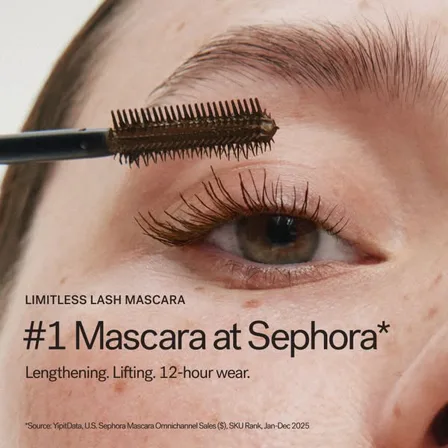 An ILIA ad creative: an extreme close-up of an eye with a mascara wand, under the line number one mascara at Sephora and a cited source