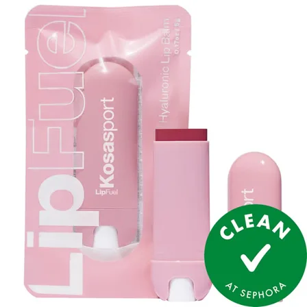 A Kosas ad creative: a pink LipFuel balm and its sachet on white, with a green Clean at Sephora badge in the corner