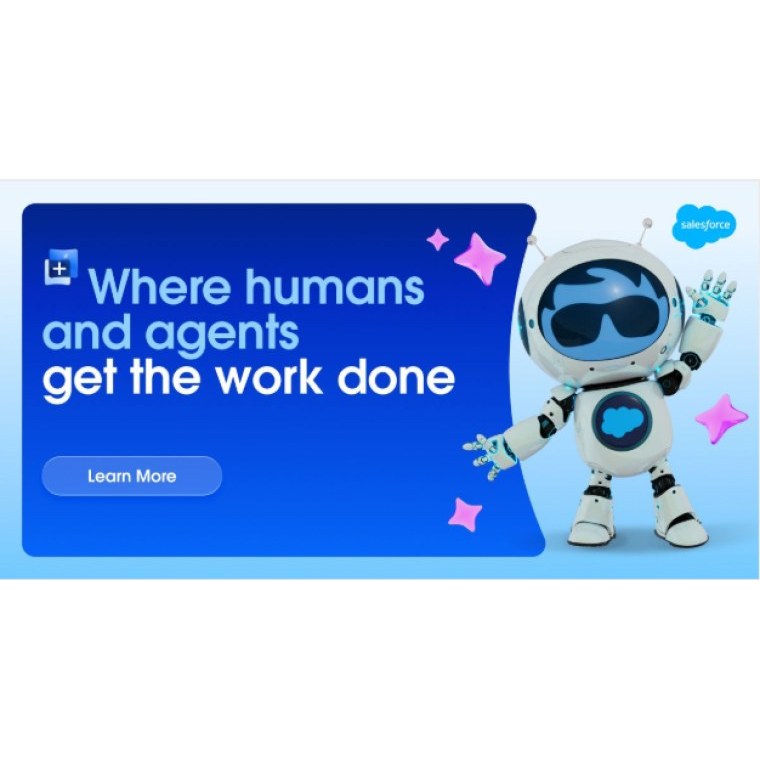 A Salesforce LinkedIn ad reading "Where humans and agents get the work done" beside an illustrated robot