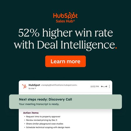 A HubSpot LinkedIn ad reading "52% higher win rate with Deal Intelligence"