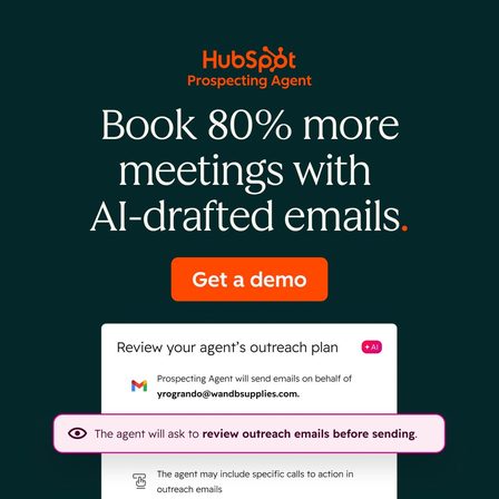 A HubSpot LinkedIn ad reading "Book 80% more meetings with AI-drafted emails"
