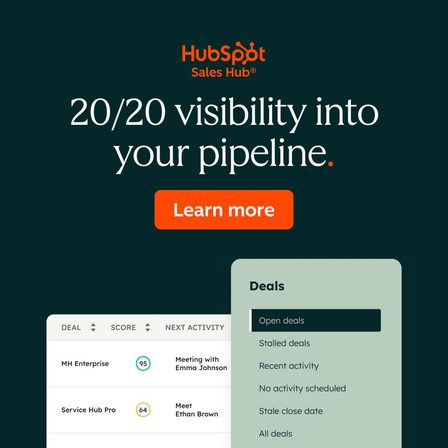 A HubSpot LinkedIn ad reading "20/20 visibility into your pipeline" above a deals screenshot