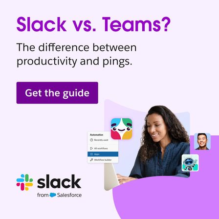A Slack LinkedIn ad headed "Slack vs. Teams?" offering a comparison guide