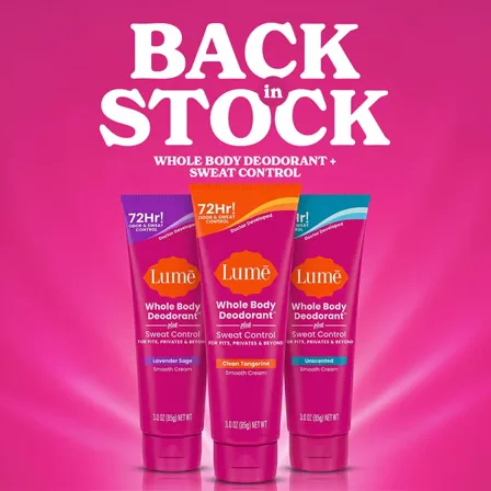 A Lume ad creative: three whole body deodorant tubes on hot pink under a back in stock banner, each marked 72 hour odor and sweat control