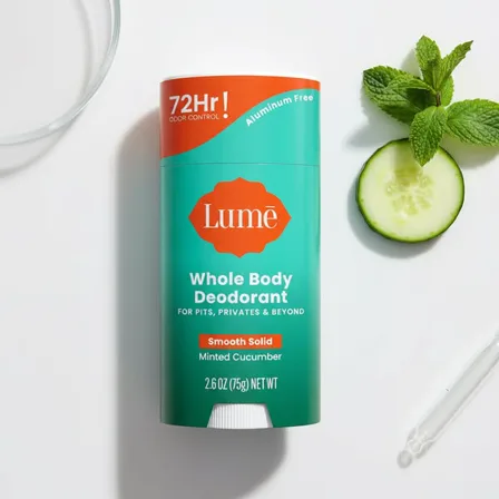 A Lume ad creative: a whole body deodorant stick marked 72 hour odor control and aluminum free, beside mint and cucumber