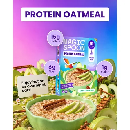 A Magic Spoon ad creative: a protein oatmeal box ringed with callouts for 15g protein, 6g fiber and 1g sugar, above a bowl of oatmeal