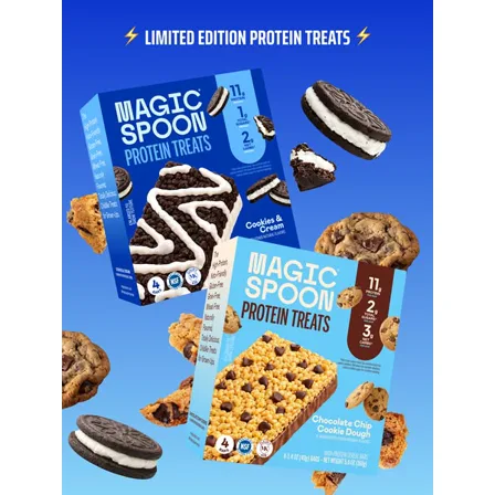 A Magic Spoon ad creative: two boxes of limited edition protein treats on blue, marked 11g protein, 2g total sugar and 3g net carbs