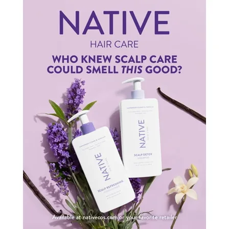 A Native ad creative: two lavender hair care bottles with fresh lavender and vanilla, under the line "Who knew scalp care could smell THIS good?"