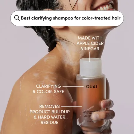 An OUAI ad creative: a search bar reading best clarifying shampoo for color-treated hair, above a woman in the shower holding the bottle with three callouts