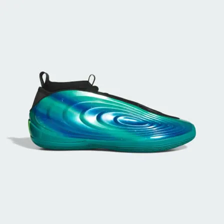 An adidas ad in the Pinterest Ads Repository: a teal and green Harden Volume 10 basketball shoe on a plain grey background