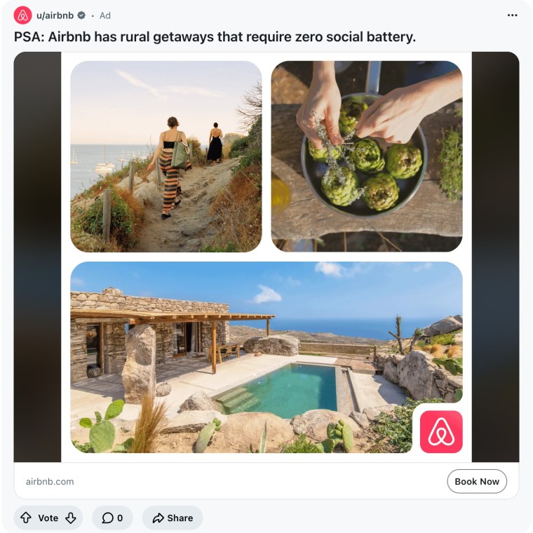 A promoted Reddit post from u/airbnb reading PSA: Airbnb has rural getaways that require zero social battery, with photos of remote stays
