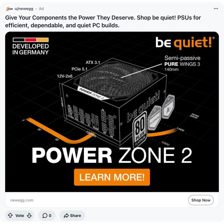A promoted Reddit post from u/newegg showing a be quiet! power supply with its specifications