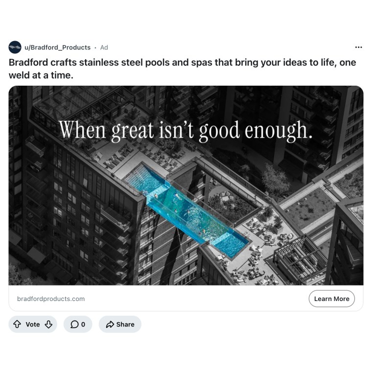 A promoted Reddit post from u/Bradford_Products showing a rooftop pool under the line When great is not good enough