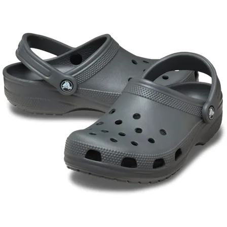 A Crocs ad creative: a pair of slate grey Classic Clogs on a plain white background