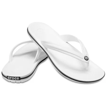A Crocs ad creative: a pair of white Crocband flip flops on a plain white background