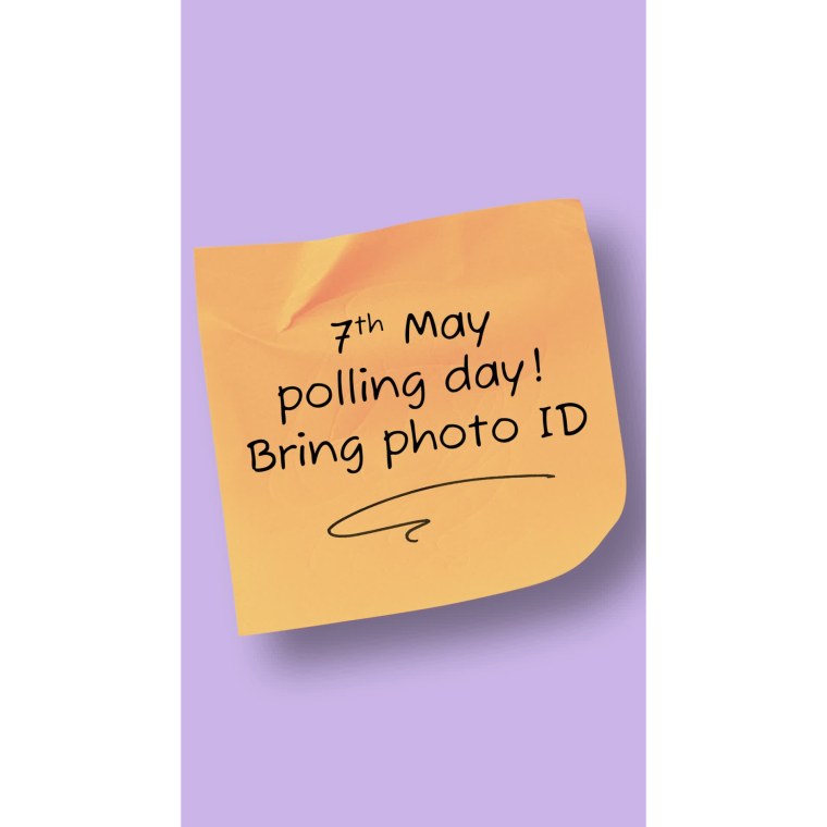 A Snapchat ad from the Electoral Commission: an orange sticky note reading 7th May polling day, bring photo ID
