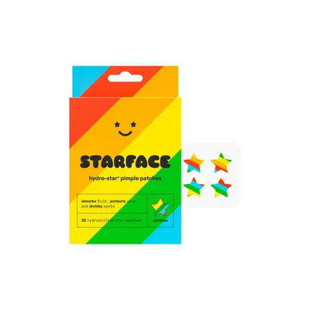 A Starface ad creative: the Hydro-Star pimple patch box in rainbow stripes beside four star-shaped patches