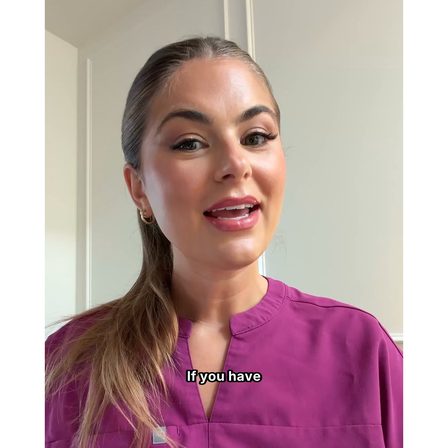 A UGC ad opening on a creator in medical scrubs talking to camera at home