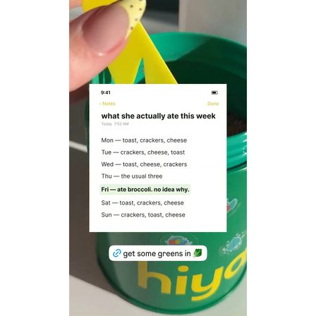 A UGC ad opening on a phone note listing what a child ate that week