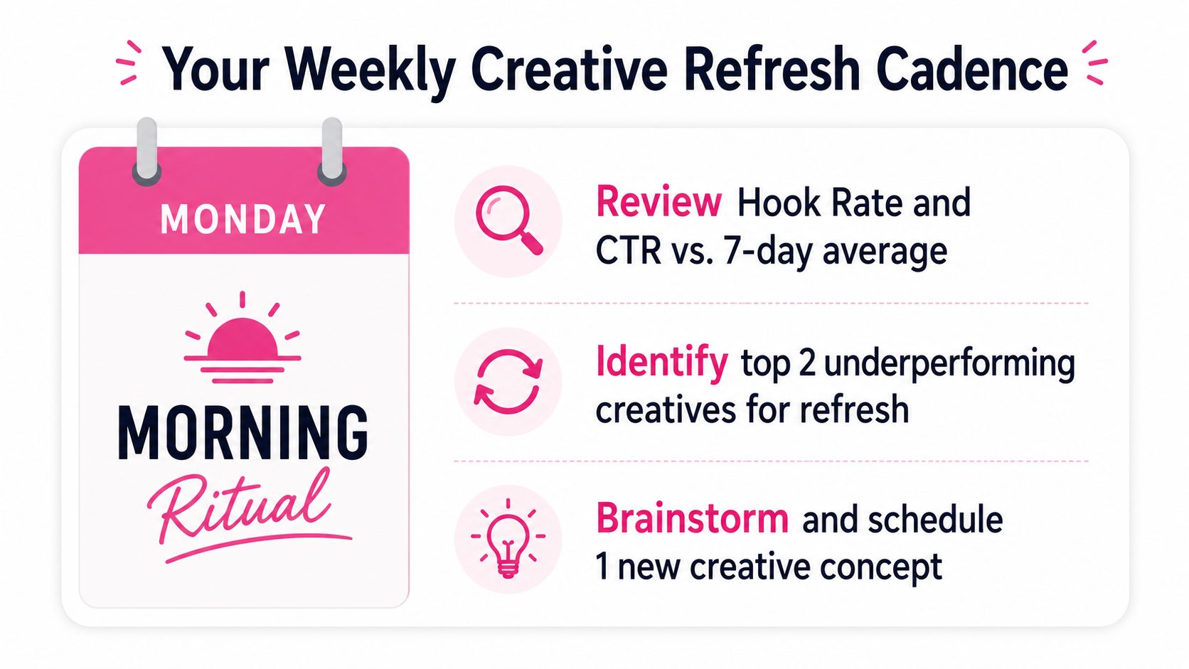 Weekly creative refresh cadence: review hook rate and CTR against the 7-day average, identify the top two underperforming creatives, then schedule one new concept.