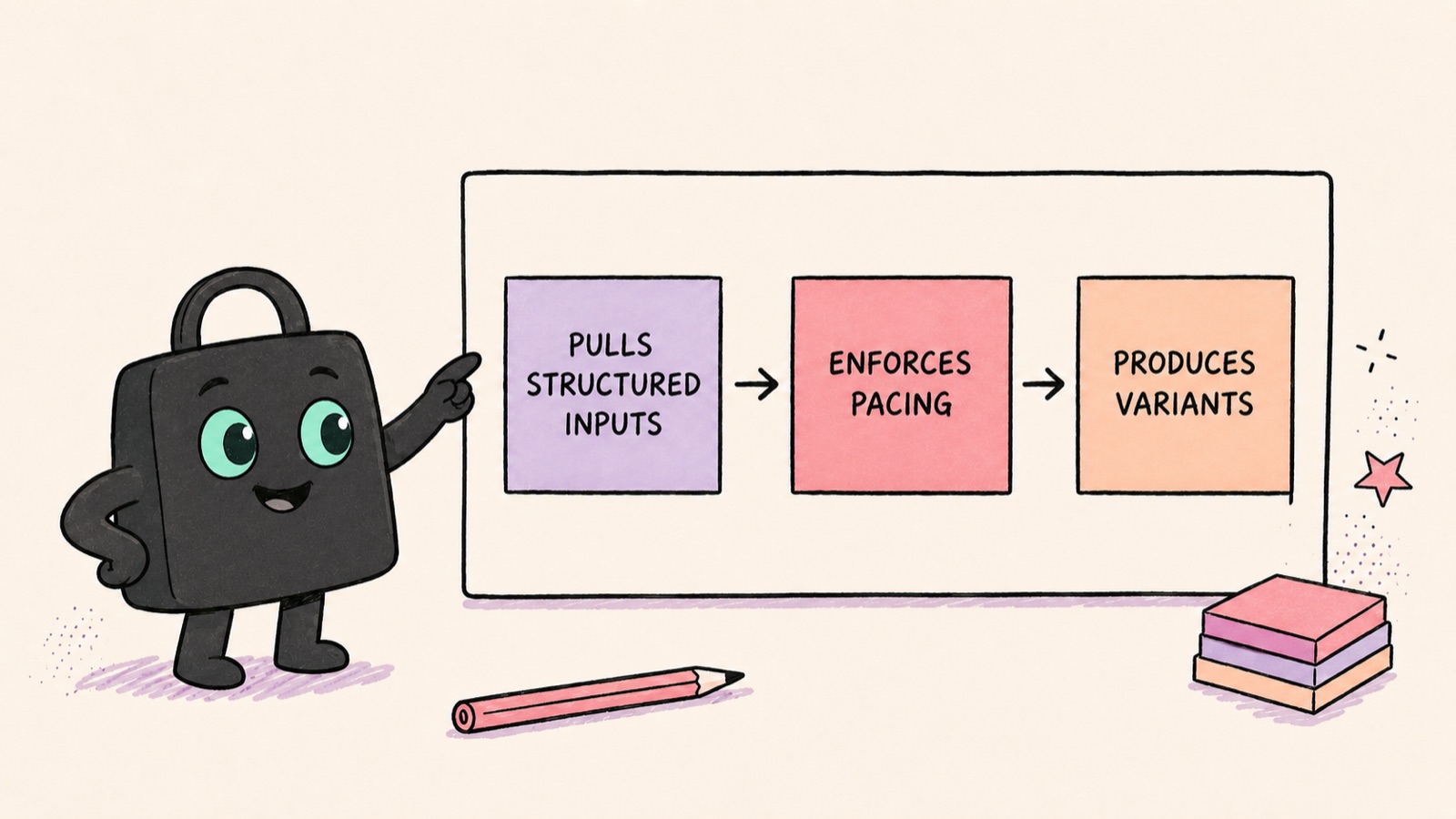 Selzee's mascot at a board showing the three jobs of an ad script generator: pulls structured inputs, enforces pacing, produces variants.