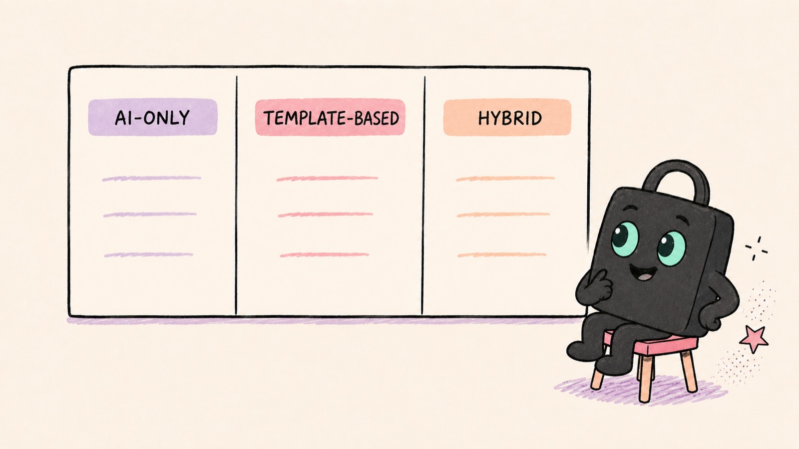 Selzee's mascot beside a board comparing three generator types: AI-only, template-based, and hybrid.
