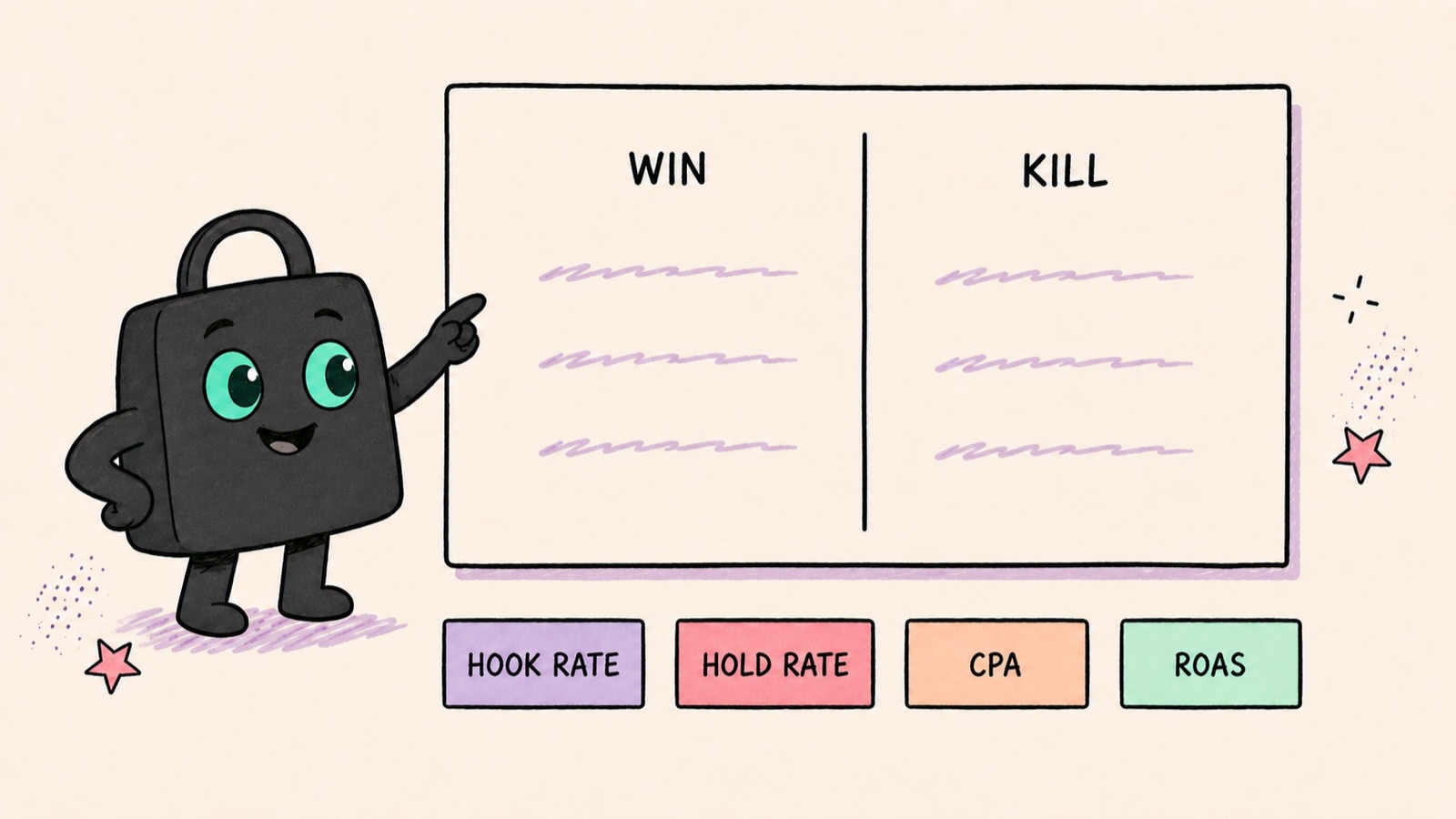 Selzee's mascot at a board with win and kill columns above four metric tags: hook rate, hold rate, CPA, ROAS.