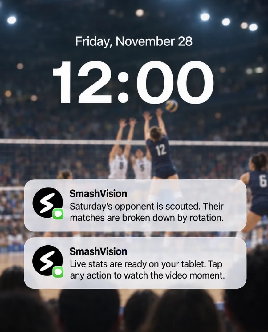 A static ad Selzee made for SmashVision: a phone lock screen over a volleyball match shows 12:00 and two SmashVision notifications about a scouted opponent and live stats