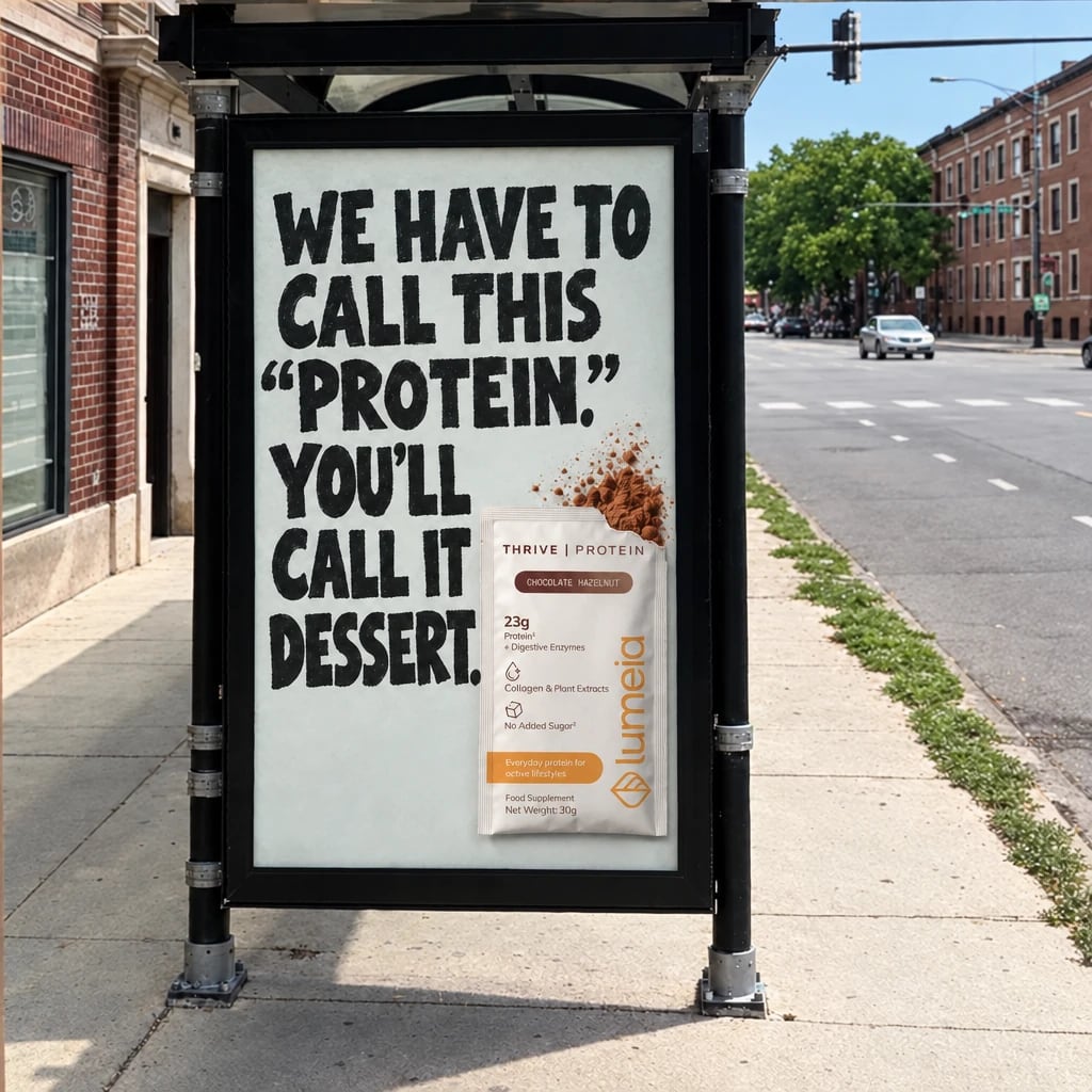 A static ad Selzee made for Lumeia: a bus shelter poster on a city street reads We have to call this protein, you'll call it dessert, beside a Lumeia chocolate hazelnut protein pouch
