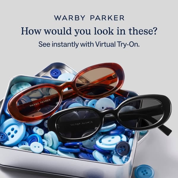 An ad by Warby Parker in Meta's Ad Library: two pairs of oval sunglasses on a tin of blue buttons under How would you look in these? See instantly with Virtual Try-On