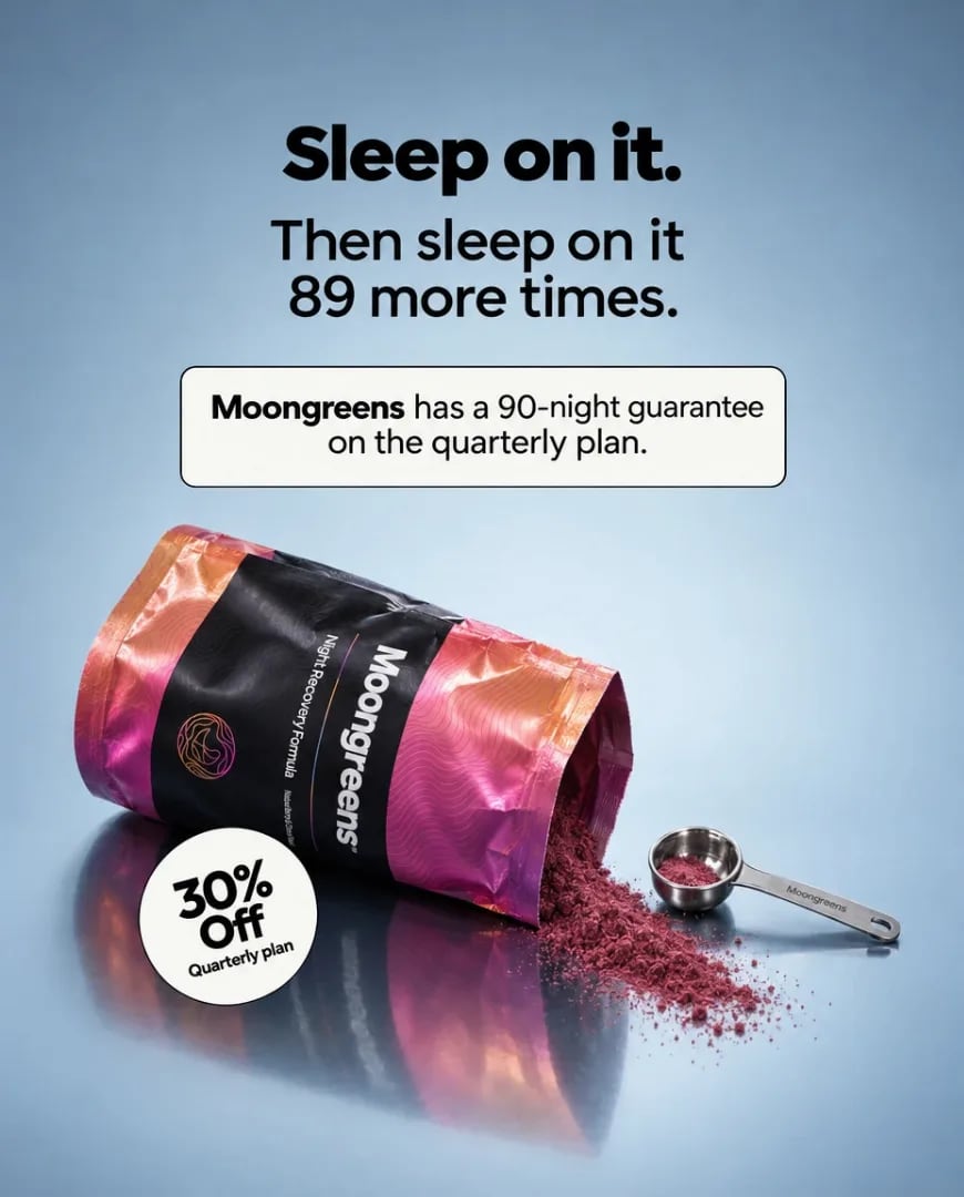 A static ad Selzee made for Moongreens: a spilled pouch of night recovery powder under Sleep on it, with a 90-night guarantee and a 30 percent off badge