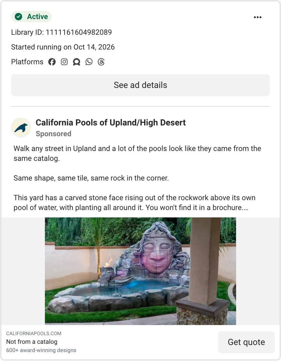 A California Pools ad card in Meta's Ad Library: a pool with a carved stone face in the rockwork, with the headline Not from a catalog