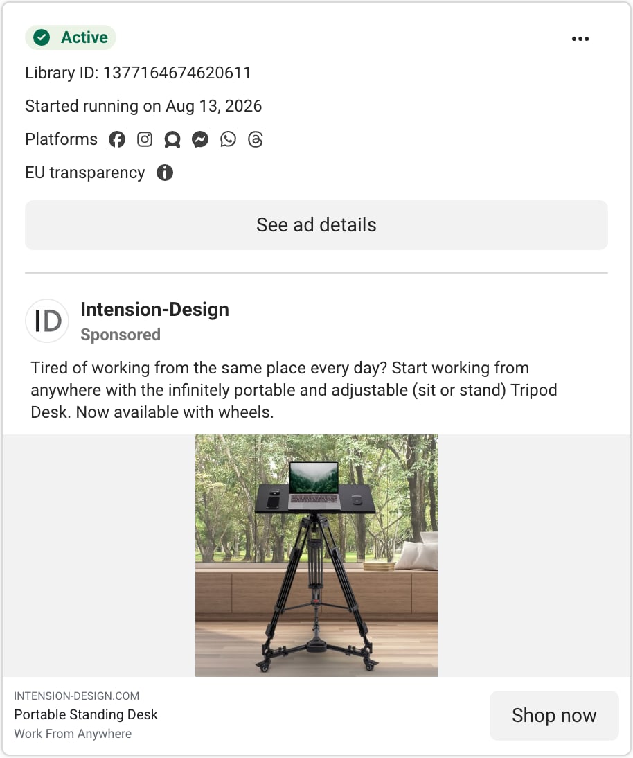 An Intension-Design ad card in Meta's Ad Library: a laptop on a tripod standing desk in a park, with the headline Portable Standing Desk and the line Work From Anywhere